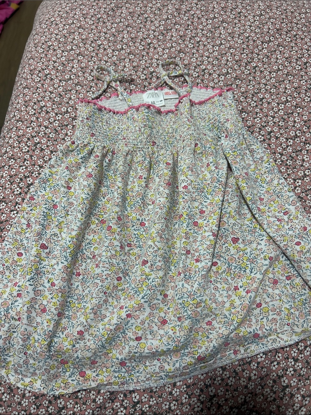 Zara Kids White Floral Smocked Sundress with Pink Trim